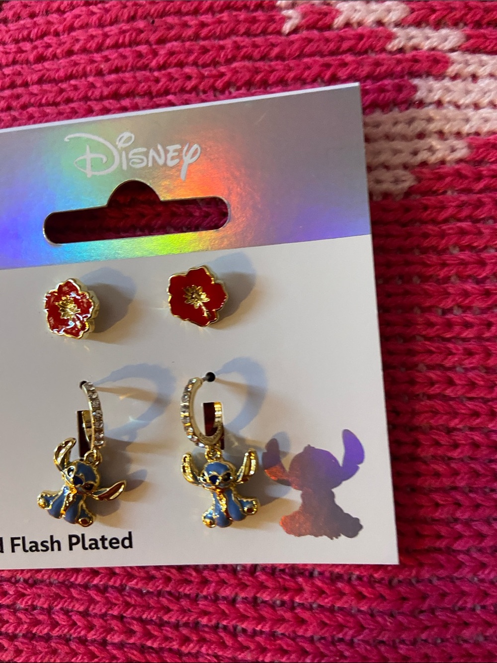 Disney Gold-Tone Blue Stitch Dangle Earrings with Red Flower Studs